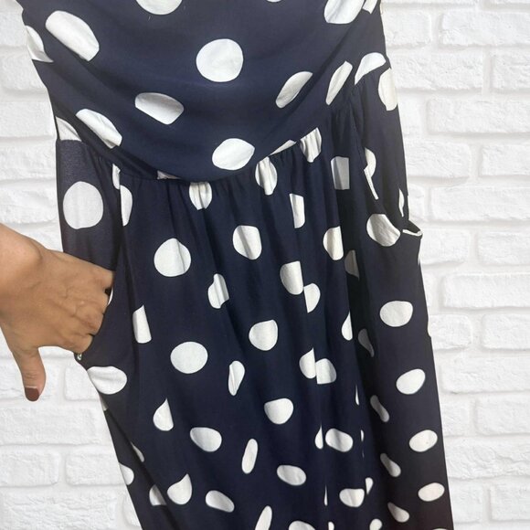 Navy Polka Dot Strapless Maxi Dress w/ Pockets 1X Vintage Style Plus Size Cozy - Picture 7 of 7